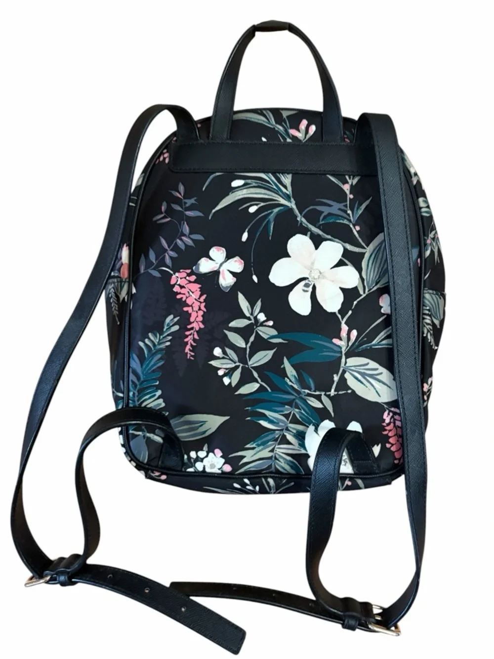 Kate Spade Botanical‎ Print Bradley Nylon Backpack Black Saffiano Leather Straps